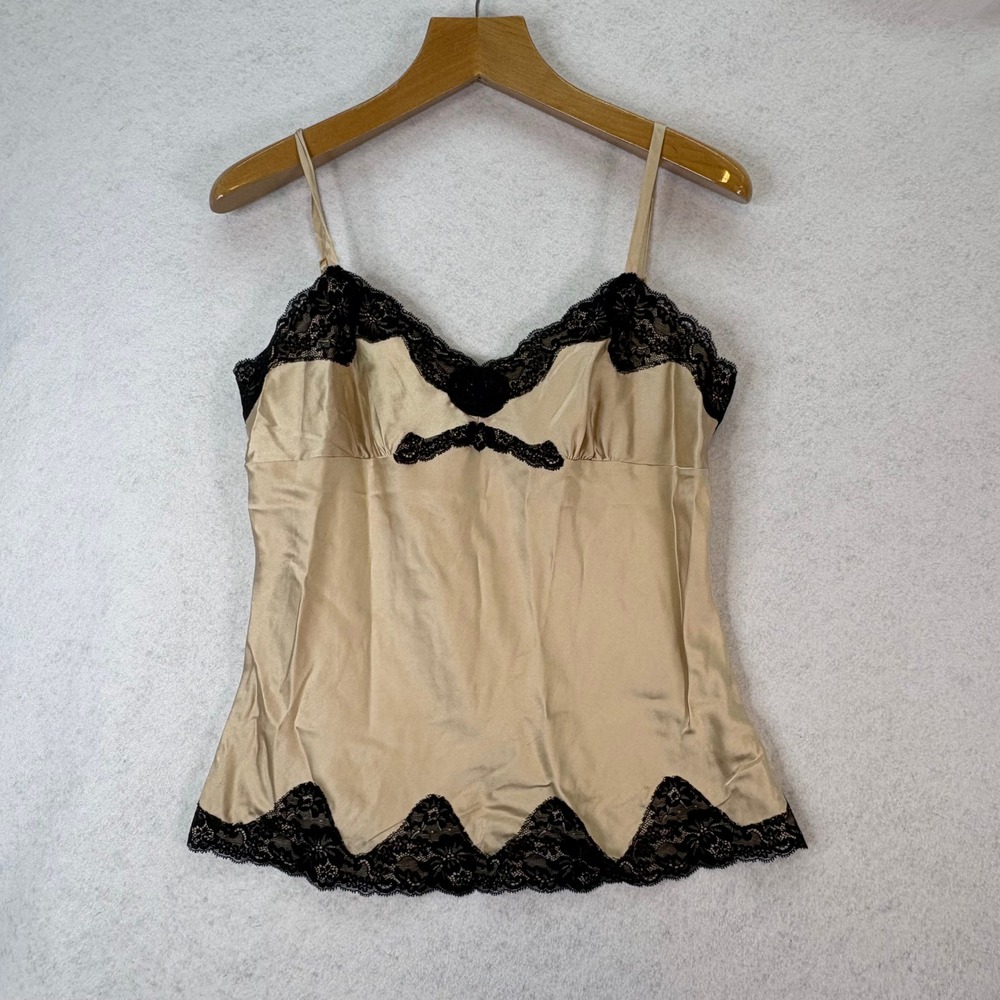 Vtg Y2K Express Lace Trim Silk Cami Top Beige Womens L Coquette Romantic *Stain